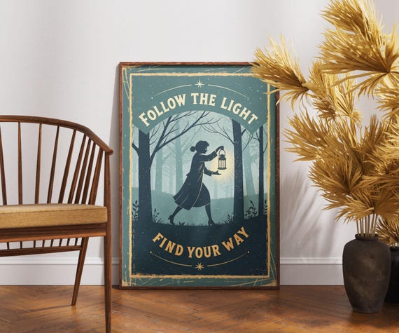 Follow The Light Poster Inspirational Lantern Art Motivational Forest Print Retro Nightscape Decor Find Your Way Wall