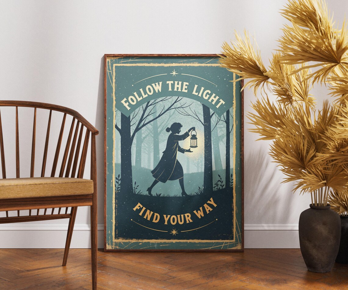 Follow the Light Find Your Way Lantern Forest Vintage Poster