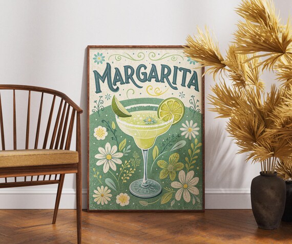 Margarita Cocktail Poster Retro Bar Floral Lime Classic Drink Art
