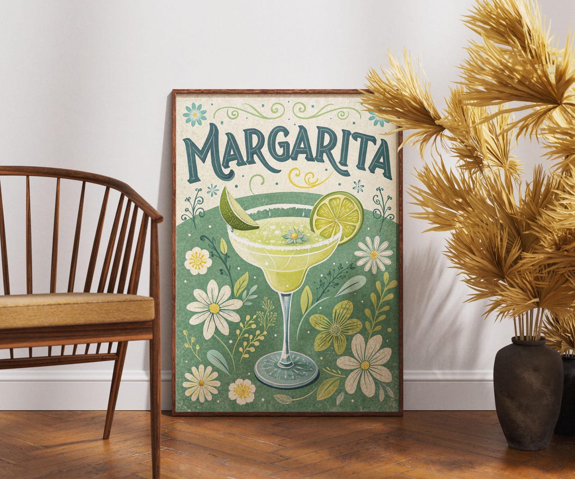 Margarita Cocktail Poster Retro Bar Floral Lime Classic Drink Art