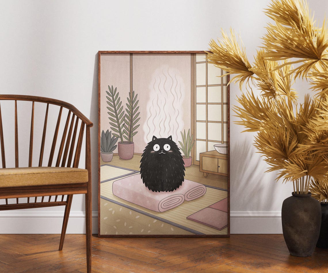 Fluffy Black Cat On Warm Towels Cozy Japanese Spa Room Poster