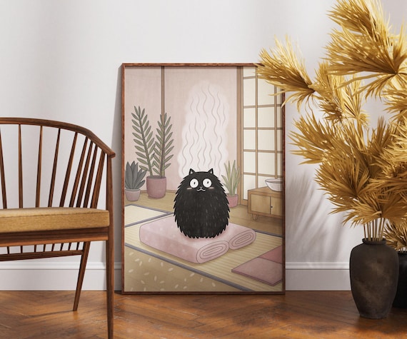 Fluffy Black Cat On Warm Towels Cozy Japanese Spa Room Poster