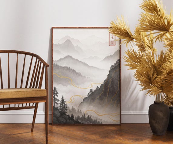 Misty Mountain Wall Art Japanese Landscape Poster Wabi Sabi Zen Print Kintsugi Inspired Nature Decor Minimalist Foggy Forest