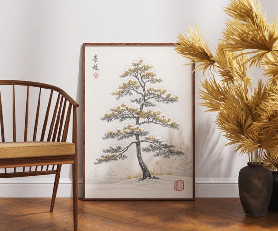 Snow Pine Wall Art Japanese Tree In Winter Poster Wabi Sabi Nature Print Kintsugi Inspired Minimal Decor Tranquil Zen Landscape