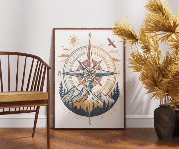 Compass Rose Mountain Adventure Explorer Rustic Travel Poster