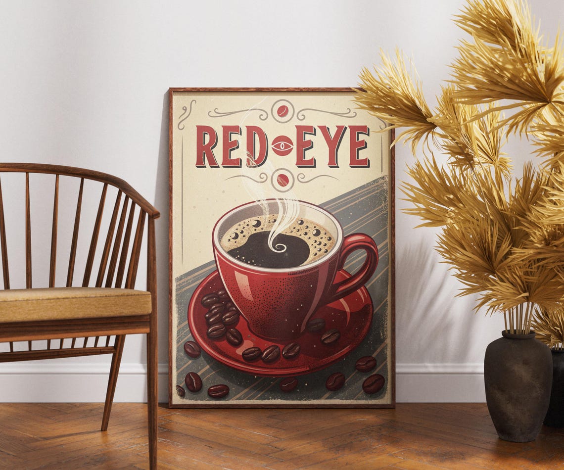 Vintage Red Eye Coffee Poster Strong Espresso Cup Retro Cafe Art