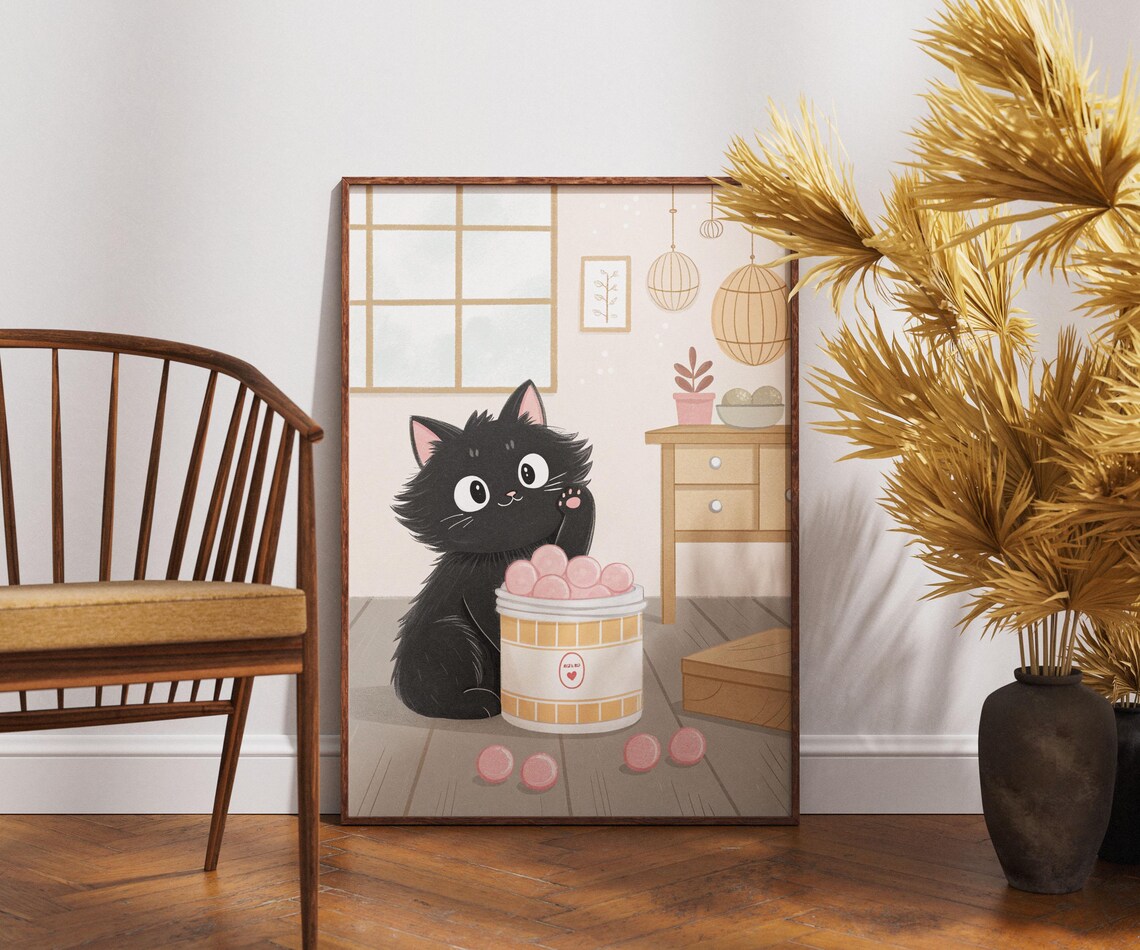 Black Cat With Pink Mochi Dessert Kawaii Japanese Foodie Kitchen Decor Poster