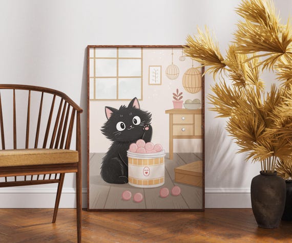 Black Cat With Mochi Dessert Art Kawaii Japanese Food Decor Cute Cozy Kitchen Wall Print Japandi Poster Minimalist Sweet