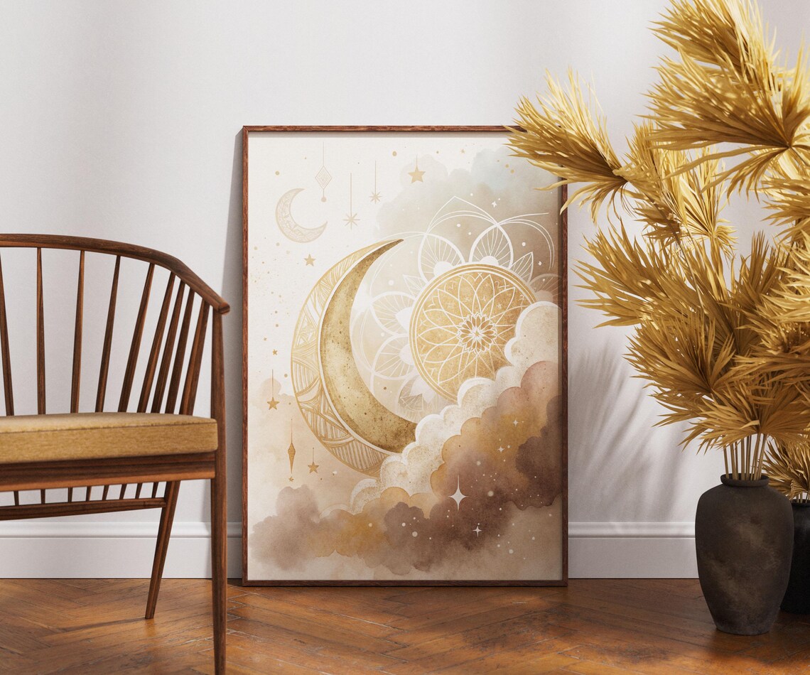Celestial Gold Crescent Moon Mandala Stars Dreamy Lunar Boho Wall Poster