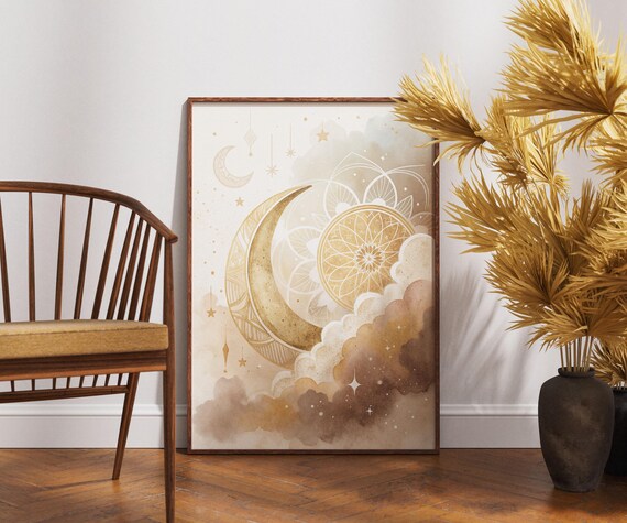 Celestial Gold Crescent Moon Mandala Stars Dreamy Lunar Boho Wall Poster