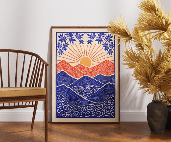 Vintage Mountain Poster Linocut Sunrise Mosaic Art Retro Nature Wall Decor Boho Landscape Print Scenic Wilderness Illustration