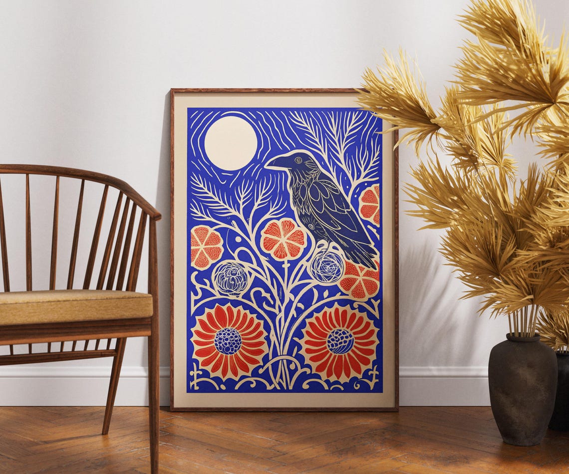 Vintage Pomegranate Poster Linocut Ornate Bloom Art Retro Botanical Wall Decor Boho Fruit Illustration Rustic Kitchen Print Unique Gift