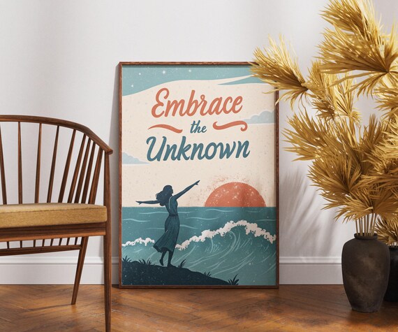 Embrace The Unknown Sunset Ocean Wave Woman Silhouette Poster