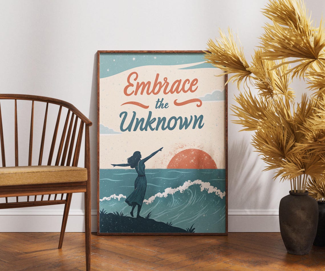 Embrace The Unknown Sunset Ocean Wave Woman Silhouette Poster