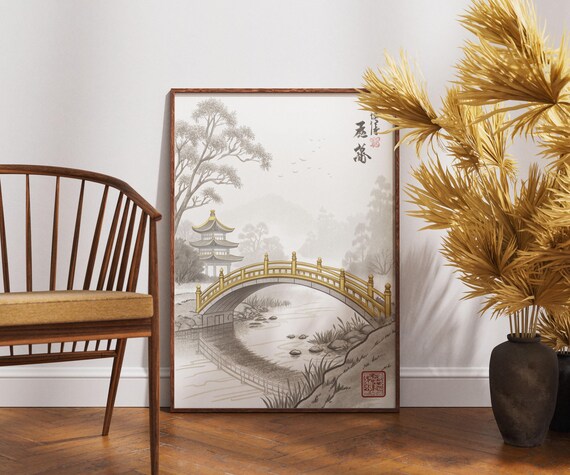 Golden Arch Bridge Pagoda Misty Japanese Ink Wash Landscape Zen Poster