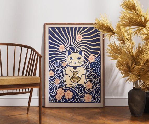 Vintage Manekineko Poster Linocut Lucky Cat Blossom Art Retro Japanese Wall Decor Boho Asian Illustration Zen Floral Print
