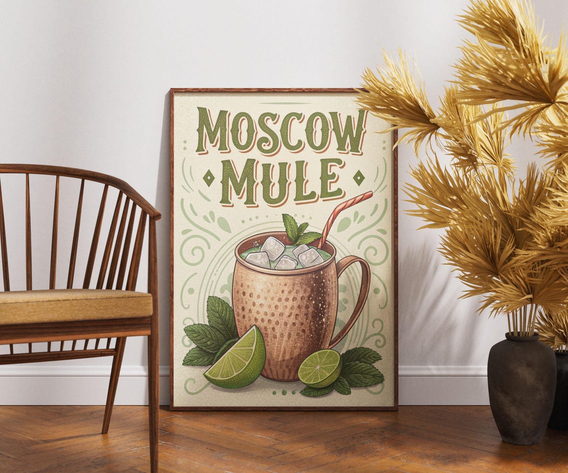 Vintage Moscow Mule Copper Mug Lime Retro Cocktail Bar Wall Poster