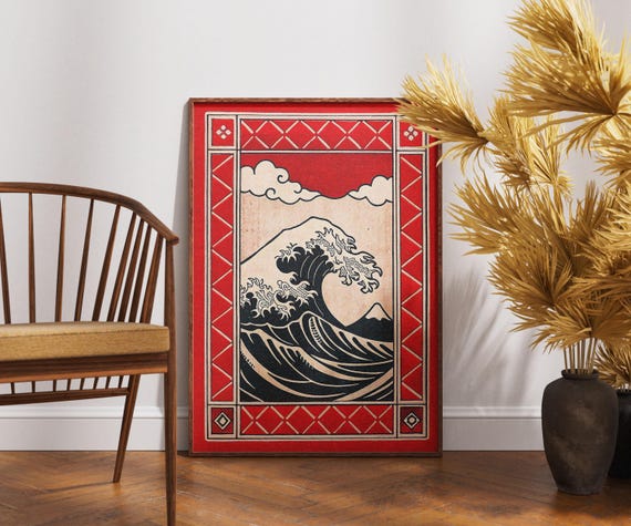 Vintage Great Wave Matchbox Poster Japanese Ocean Art Print Ukiyoe Style Wall Decor Retro Red And Black Seascape Illustration