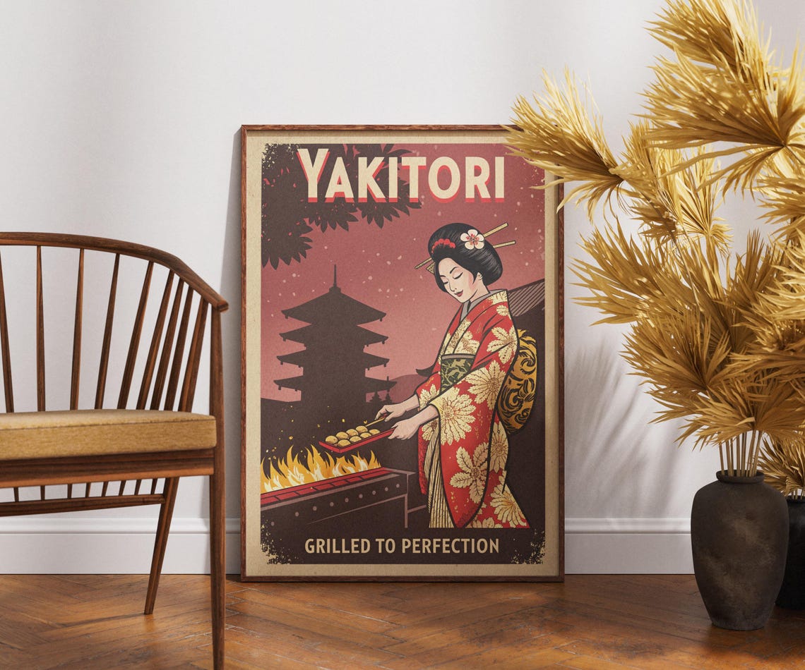 Yakitori Grilled To Perfection Geisha Red Kimono Retro Art Poster