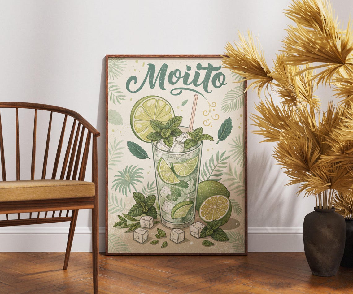 Vintage Mojito Cocktail Poster Lime Mint Ice Tropical Retro Bar Art