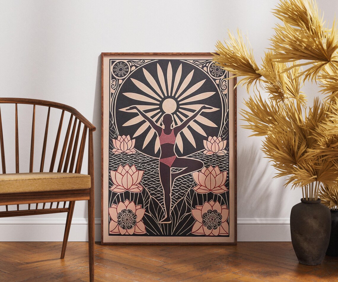 Yoga Tree Pose Linocut Sunrise Lotus Flower Meditation Art Poster