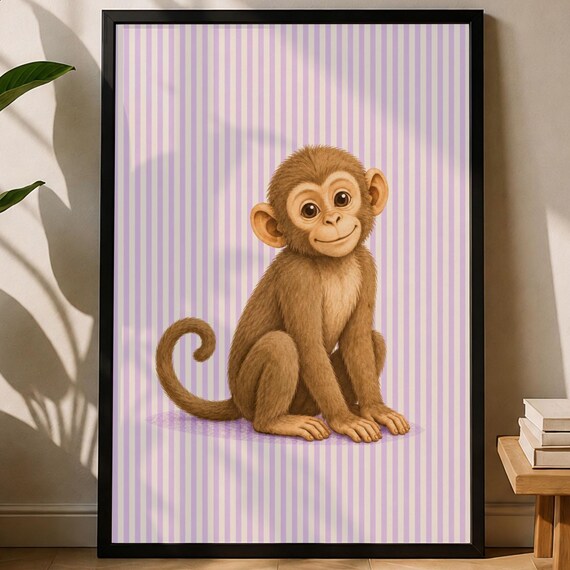 Cute Baby Monkey Minimalist Nursery Lavender Striped Art Poster