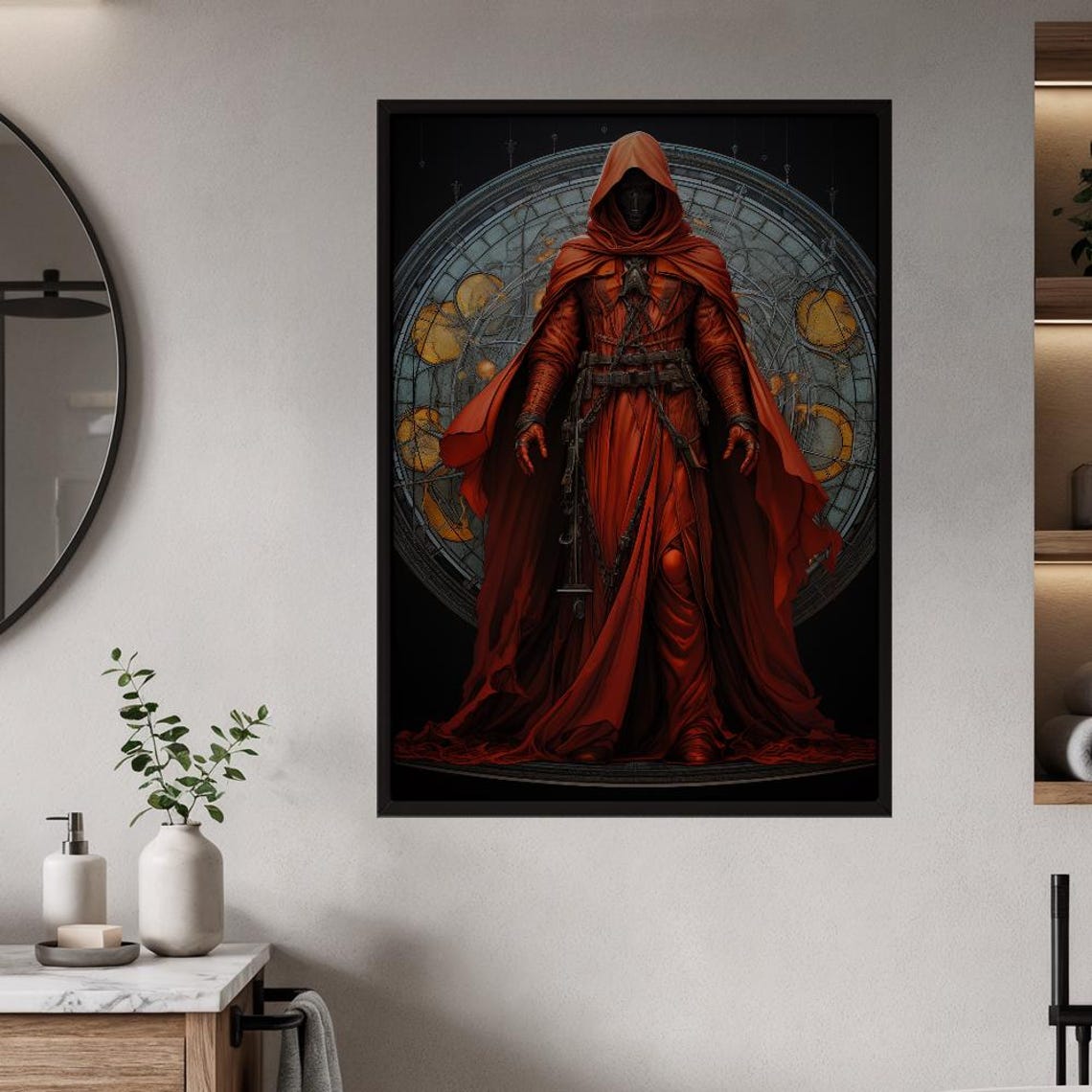 Crimson Hooded Figure With Celestial Dial Dark Fantasy Gothic Mysterious Poster