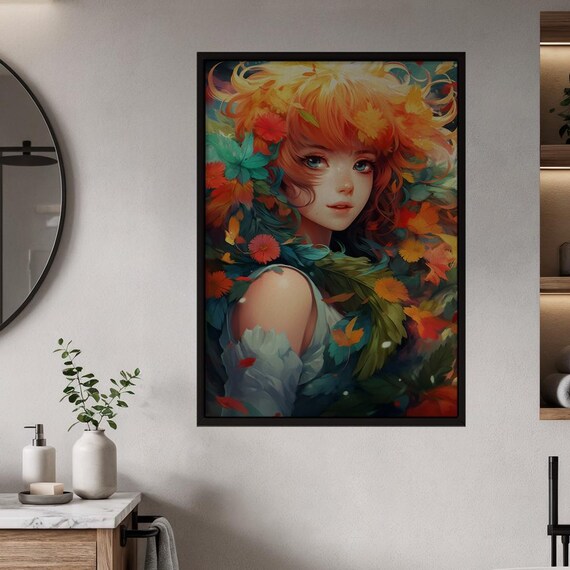 Anime Autumn Muse Floral Portrait Vibrant Fantasy Woman Ethereal Poster