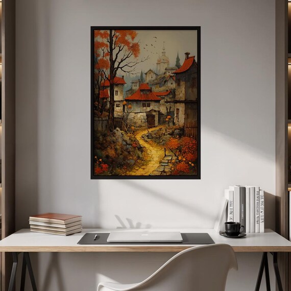 European Autumn Village Painting Stone Cottages Red Roofs Rustic Fall Wall Art