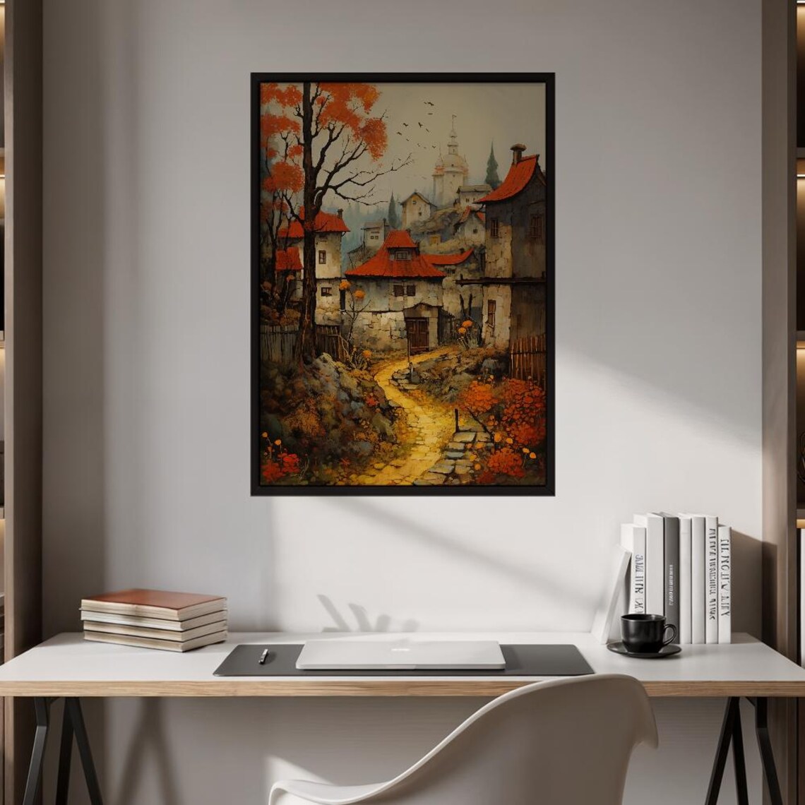 European Autumn Village Painting Stone Cottages Red Roofs Rustic Fall Wall Art