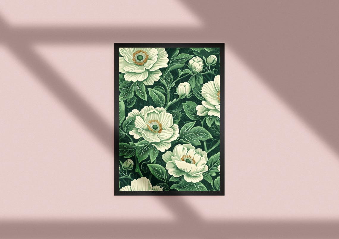 Green And White Floral Pattern Anemone Blooms Botanical Art Poster