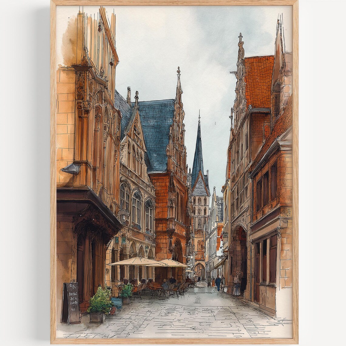 Bremen Old Town Watercolor Historic Street Church Spire Art Poster