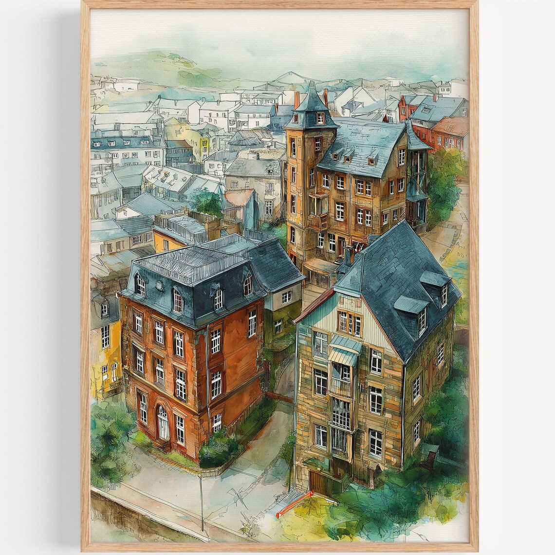 Essen Old Town Rooftops Watercolor Historic Germany Travel Art Poster