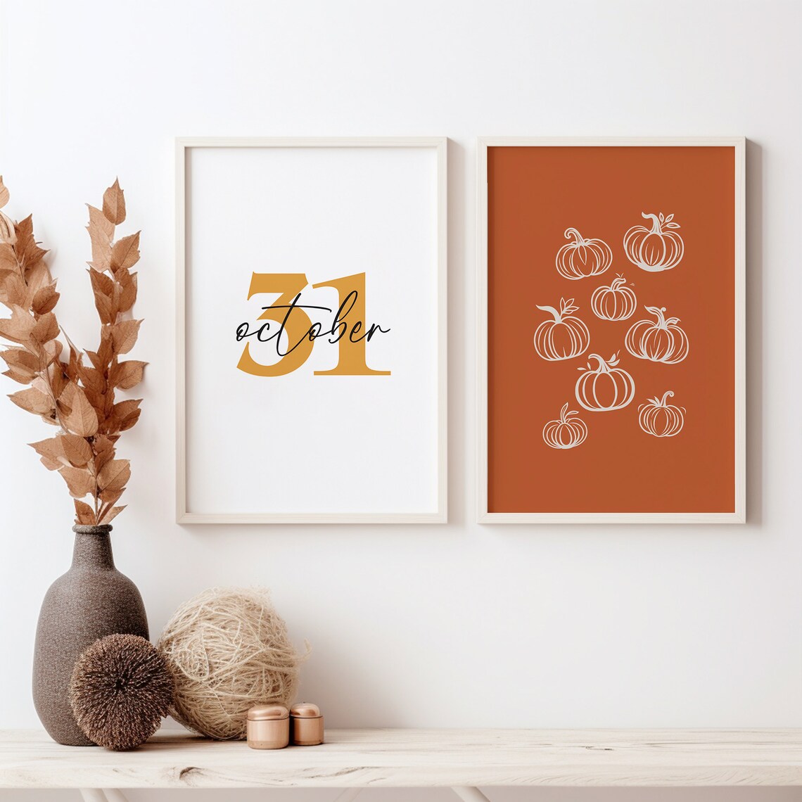 White Line Pumpkins Burnt Orange Autumn Minimalist Decor Poster - Image 2