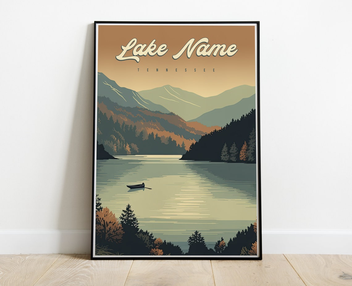 Customizable Tennessee Autumn Lake Canoe Retro Travel Poster