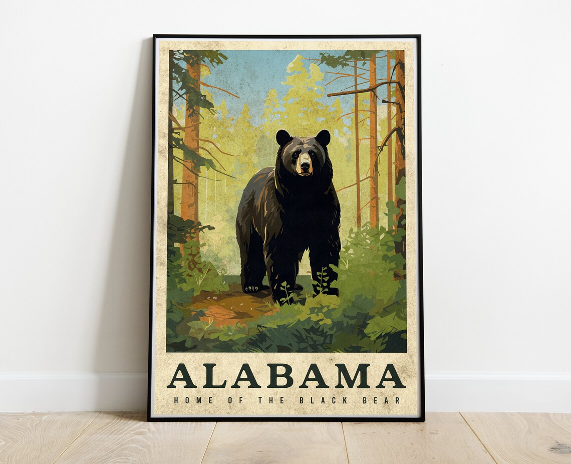 Alabama Home Of The Black Bear Forest Vintage Style Travel Poster
