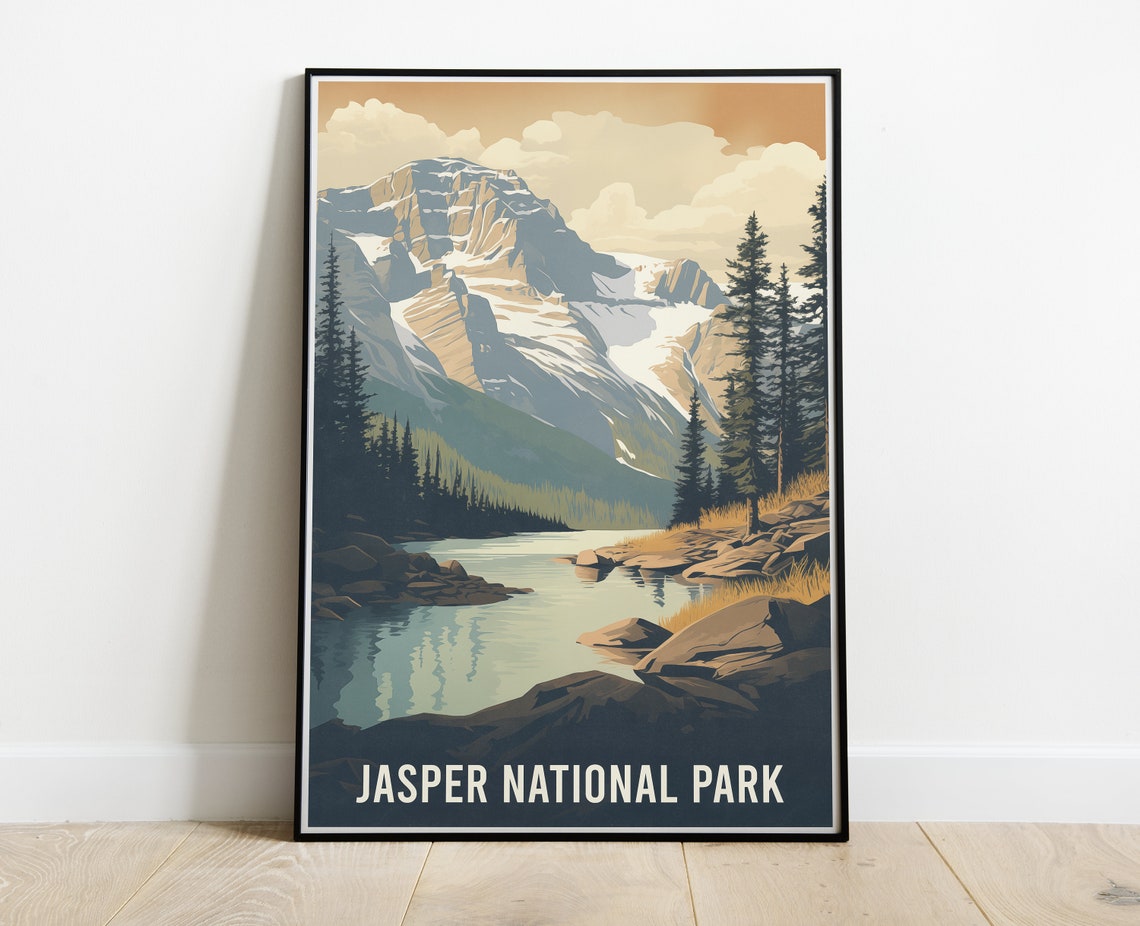 Jasper National Park Snowy Peaks Lake Canada Vintage Travel Poster