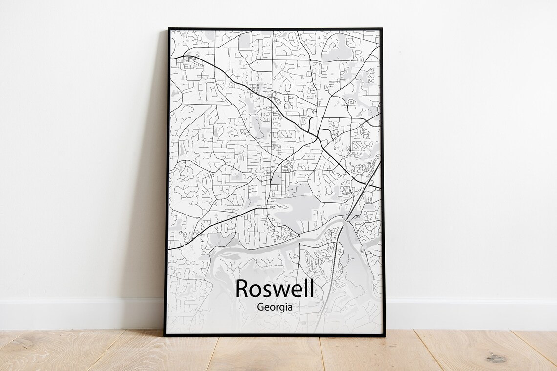 Roswell Georgia Minimalist Black and White City Street Map Poster