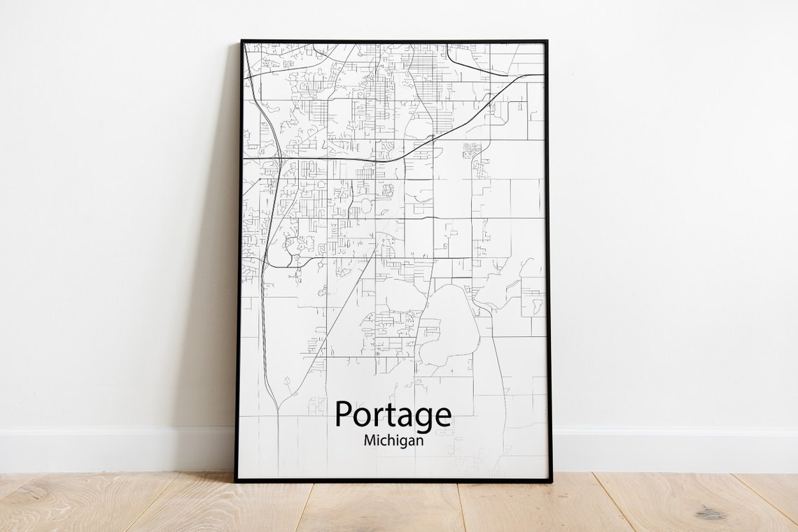 Portage Michigan Classic Black and White Modern City Map Poster Gift