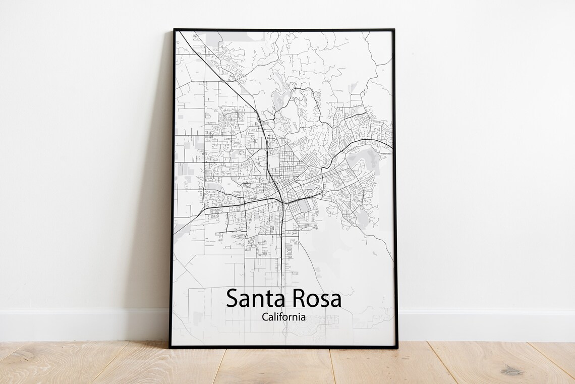 Santa Rosa California Minimalist Black and White City Street Map Poster