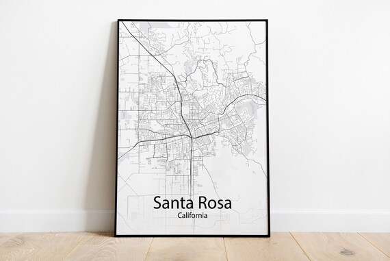 Santa Rosa California Minimalist Black and White City Street Map Poster