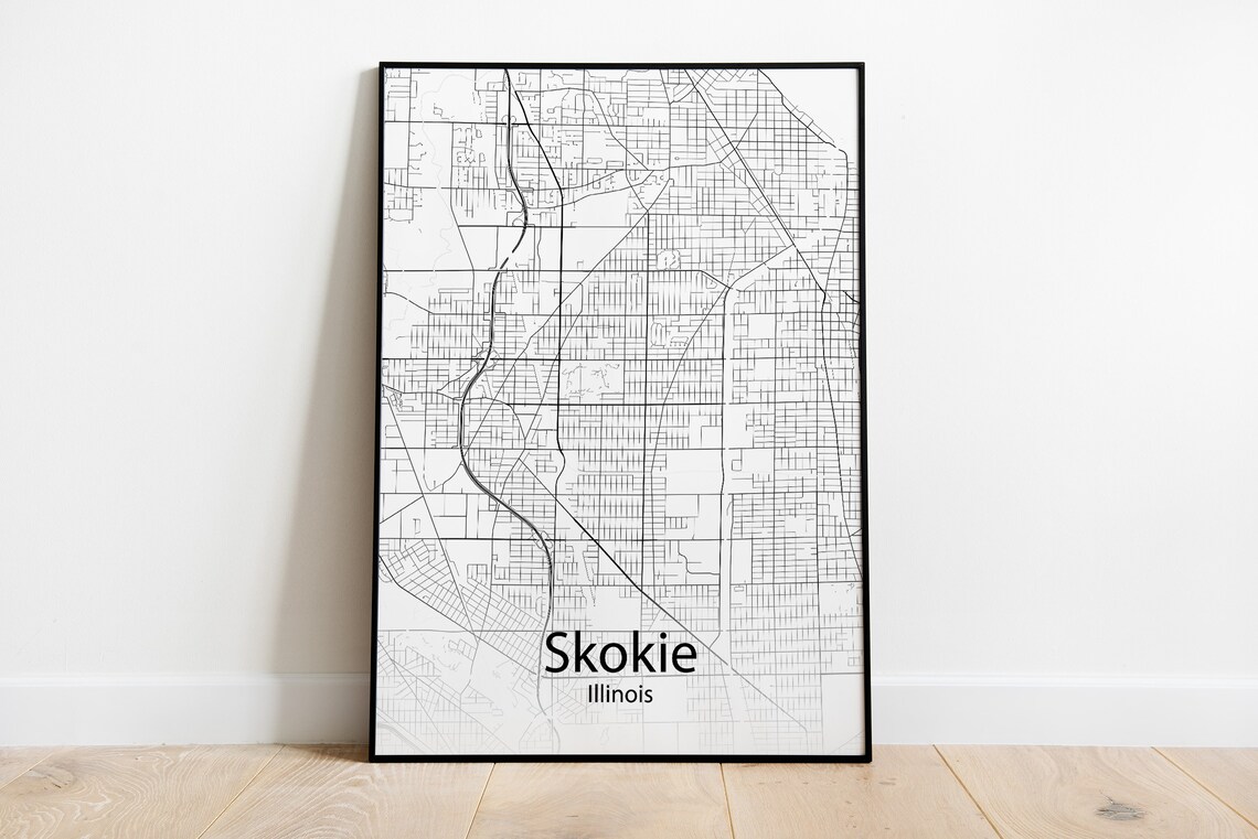Skokie Illinois Black and White Minimalist Street Map Poster