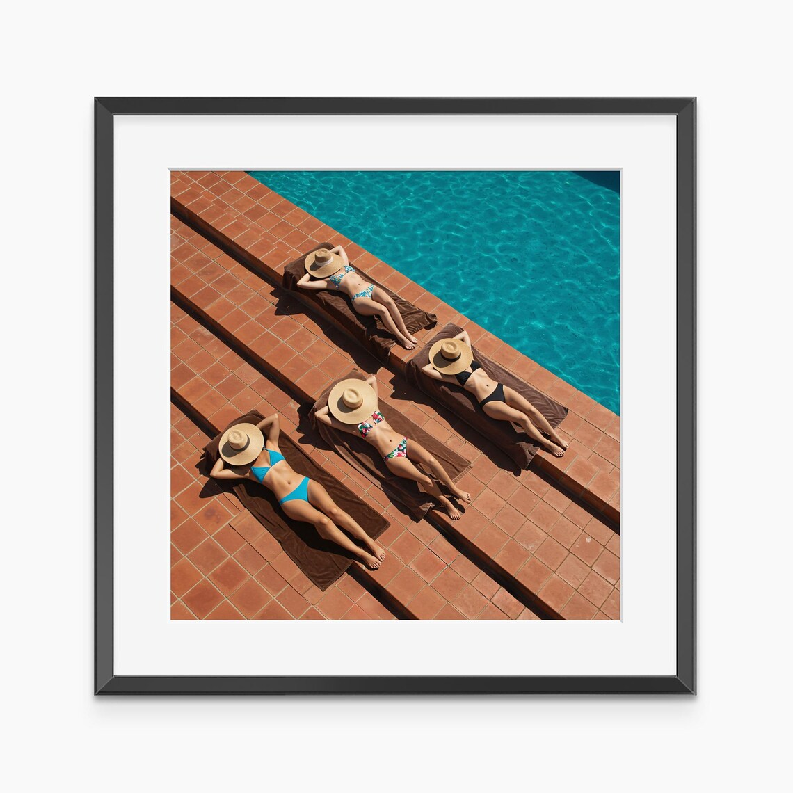 Four Women Sunbathing By Turquoise Pool Retro Summer Photo Print