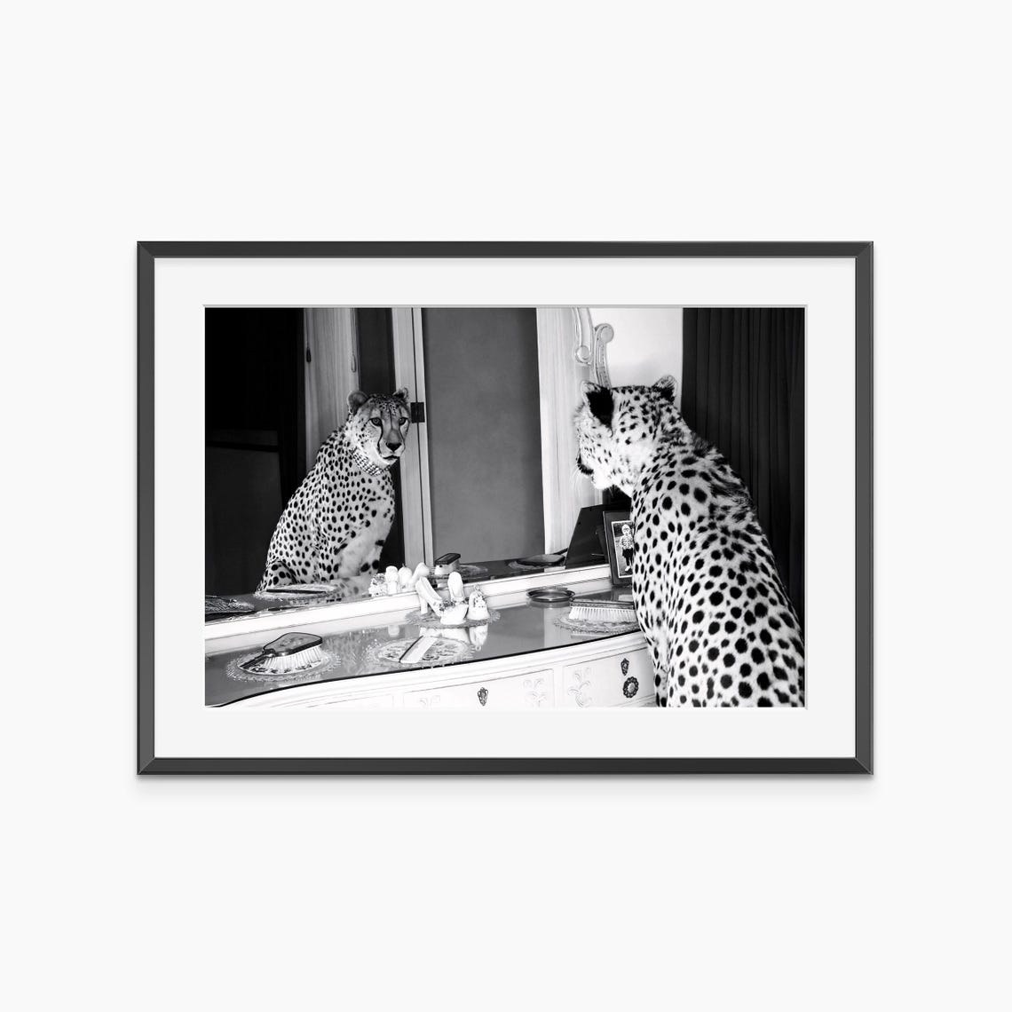 Leopard Reflection Vanity Mirror Black and White Photo Poster