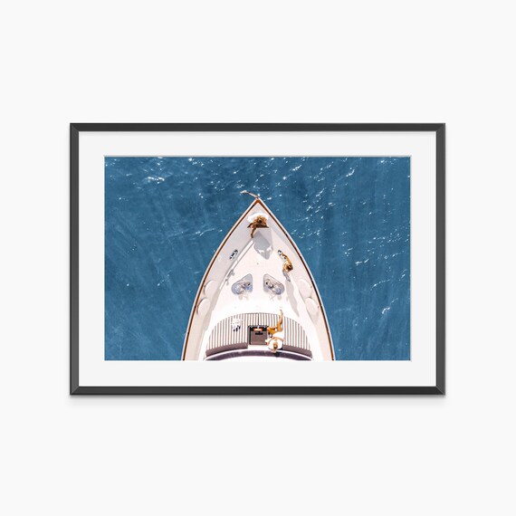 Summer Aerial View of Yacht Bow With Sunbathers on Blue Sea Poster