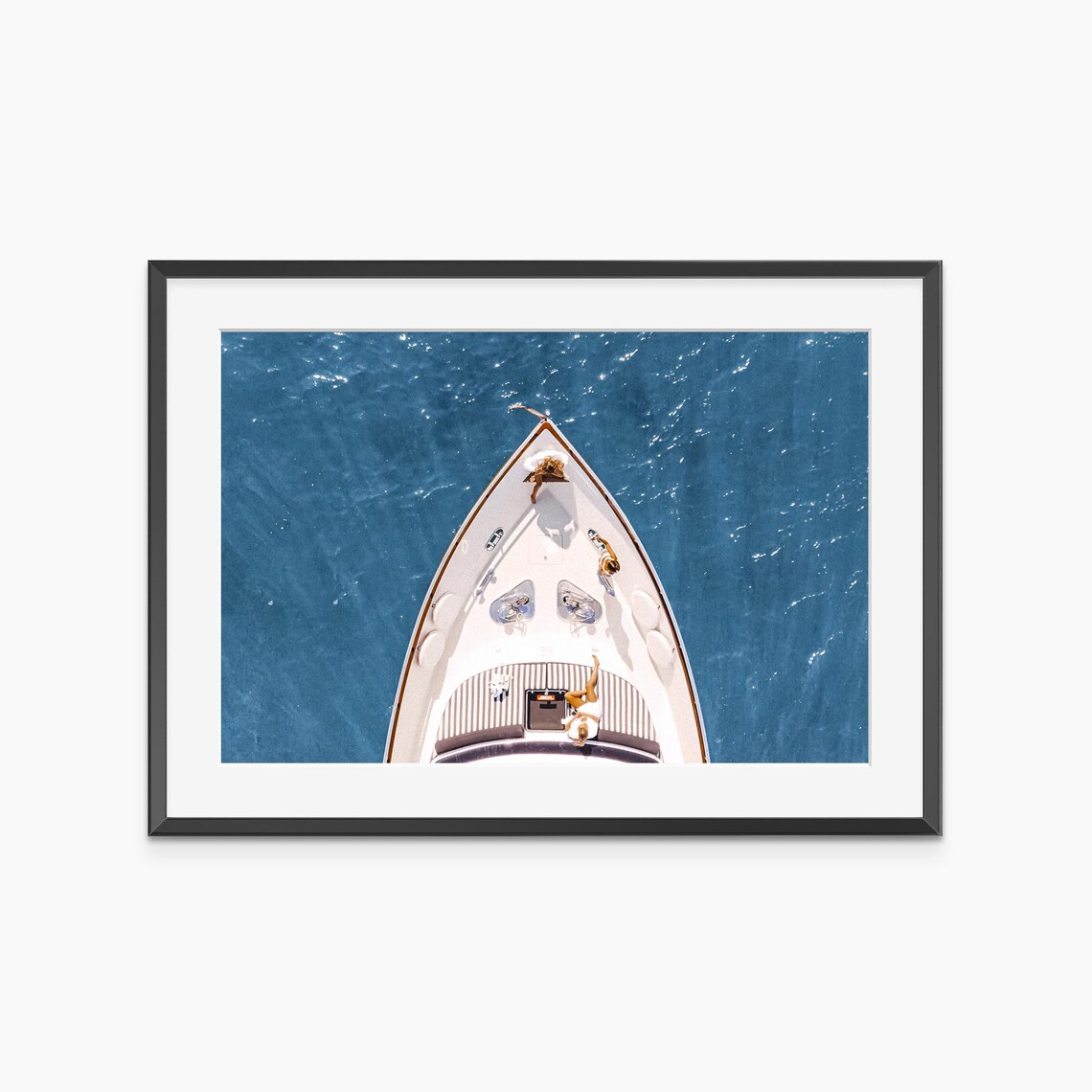 Summer Aerial View of Yacht Bow With Sunbathers on Blue Sea Poster