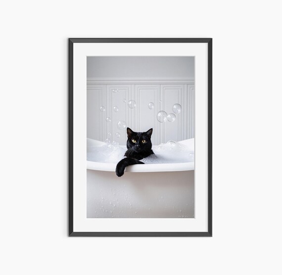 Black Cat Relaxing in Bubble Bath Funny Bathroom Pet Photo Poster