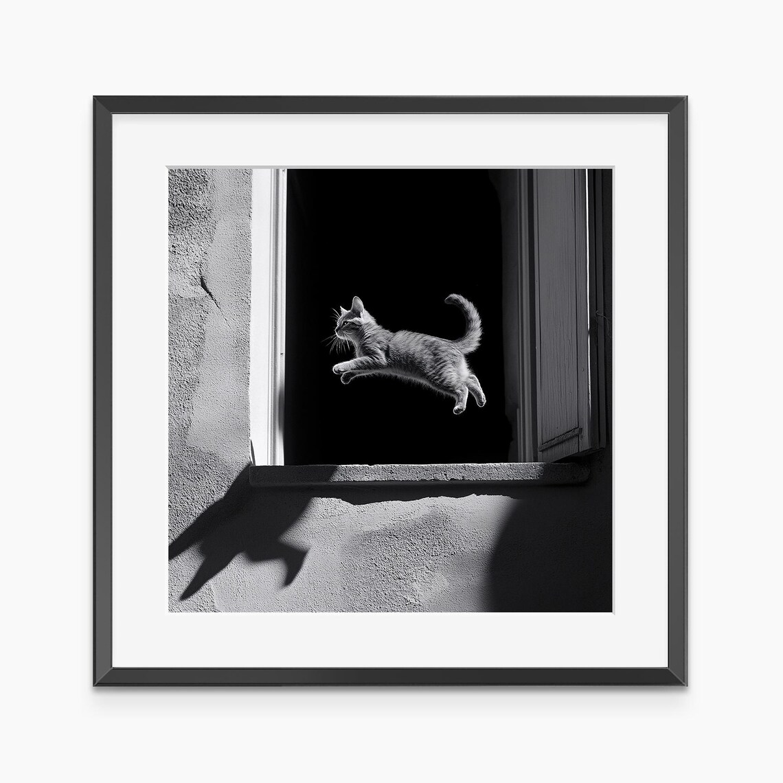Leaping Cat Jumping Out Of Window Black And White Photography Print