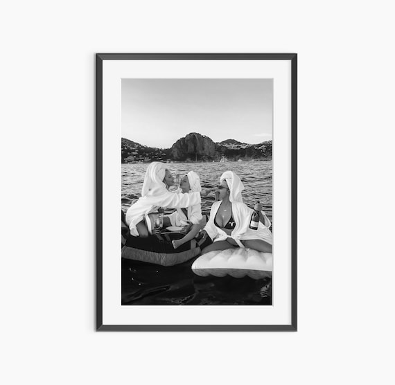 Women Laughing on Sea Floats Champagne Vintage Summer Photo Poster