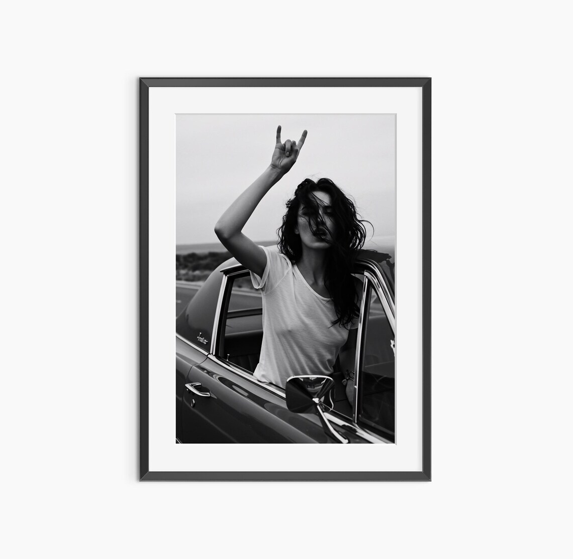 Rock On Rebel Woman Classic Car Black and White Photo Poster